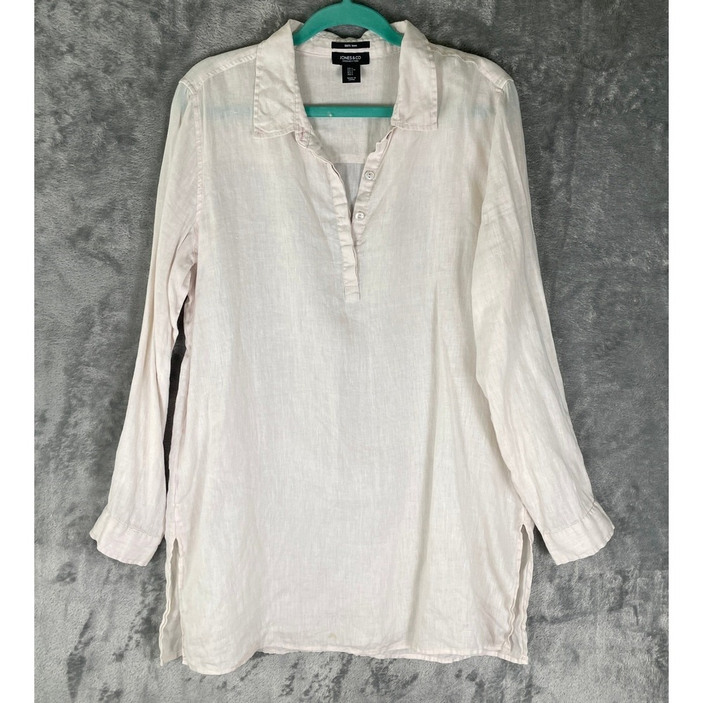 Jones & Co Linen Tunic Dress Womens Large Pink Collared Roll Tab Long Sleeve
